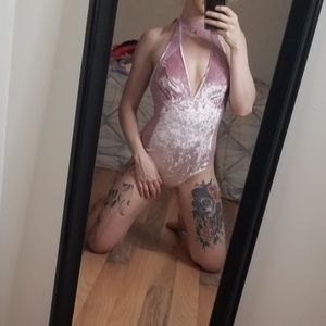 Pink velour bodysuit